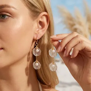 Vacation Shell Pearl Tassel Earrings - Gold Double Layer Dangle Earrings with Clear Acrylic Shell & Pearl, French Chic Beach Wedding Jewelry 6.3cm