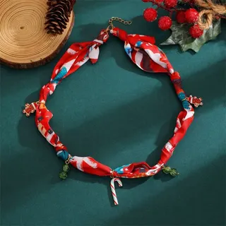 Christmas Scarf Necklace - Dopamine Colorful Silk Print Wrap Pendant Necklace with Gingerbread Man Candy Cane & Pinecone Charms, Gold Plated Alloy, Festive Gift Jewelry for Women
