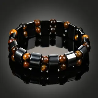 Double Layer Tiger Eye & Black Magnet Stone Beaded Bracelet, Natural Healing Magnetic Therapy Elastic Bracelet 18cm, Minimalist Unisex Jewelry