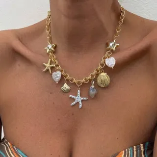 Boho Ocean Starfish Shell Necklace, Gold Plated Alloy with Faux Pearl & Mother of Pearl Charms, Adjustable 40+5cm Beach Vacation Statement Necklace for Women