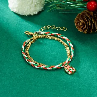 Christmas Santa Claus Charm Bracelet, Red White Green Braided Rope 3-Layer Stack, 18K Gold Plated Alloy Enamel Pendant, Holiday Gift Jewelry 16+6cm