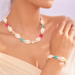 Ocean Shell Starfish Bracelet - Adjustable Braided Rope Beach Jewelry with Natural Cowrie Shells & Colorful Starfish, Summer Vacation Boho Accessory for Women