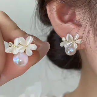 S925 Sterling Silver Flower Stud Earrings, Cat's Eye Petal with Rhinestone & Imitation Pearl Drop, French Elegant Dainty Earrings for Women