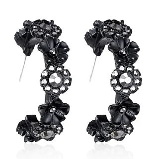 Black 3D Flower Crystal Earrings - Elegant Vintage Alloy Stud Hoop Earrings with Rhinestone, Face-Slimming C-Shape Design for Wedding Bridesmaid & Daily Wear