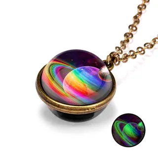 Galaxy Nebula Glow-in-the-Dark Double-Sided Retro Pendant Necklace, Alloy & Glass Cosmic Planet Charm, 2x2cm 50cm Chain, Boho Y2K Statement Necklace for Women Gift