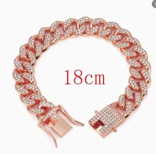 Rose Gold Cuban Link Bracelet with Rhinestones, Alloy Paved Hip-Hop Chain Wristband 20cm