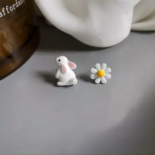Cute Bunny & Daisy Asymmetric Stud Earrings, S925 Silver Post Hypoallergenic, White 3D Rabbit Flower Earrings for Women, ~1.5cm
