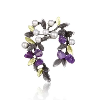 Vintage French Style Garnet & Pearl Branch Brooch, Antique Tin Alloy Leaf Design, Elegant Lapel Pin for Blazer Coat, Gift for Women