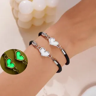 Glow in the Dark Heart Bracelet for Couples & Best Friends, Waxed Cord with Alloy Silver-Plated Charm, Red & Black Pair, Adjustable 18+5cm