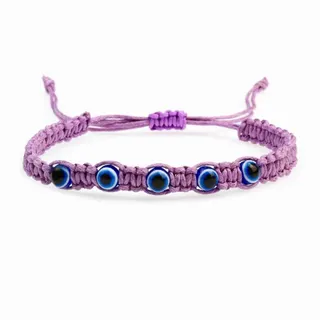 Evil Eye Handmade Braided Bracelet, Purple & Blue Wax Cord with Beads, Adjustable Drawstring Boho Wristband for Women