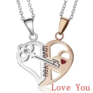 Couples Heart Key & Lock Necklace Set, Titanium Steel Interlocking Pendant with 'I Love You' Engraving, Silver & Black Hollow Design, Hypoallergenic Tarnish-Free, Valentine's Gift for Her & Him