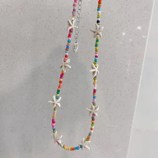 Starfish Charm Beaded Necklace, Colorful Macaron Seed Beads with White Starfish Pendants, Adjustable 37+5cm, Sweet Summer Ocean Style Choker