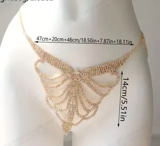 Gold Rhinestone Body Chain Thong, Copper 18K Gold Plated, Fan-Shaped Cutout Adjustable Waist Chain, Sexy Party & Photoshoot Accessory