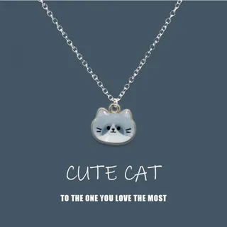 Cute Cat Head Necklace, Alloy Enamel White Cat Pendant, 60cm Chain, Kawaii Girl Jewelry Gift for Her