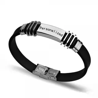 Personalized Stainless Steel & Silicone Bracelet, Custom Engraved DIY Wristband, Hypoallergenic Sport Minimalist Bangle, Black & Silver, 20.5cm