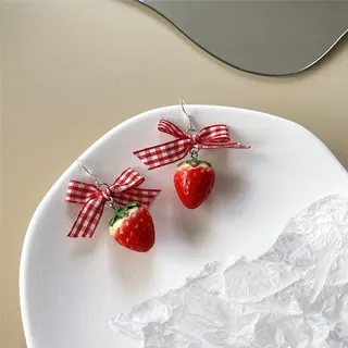 Cute Resin Strawberry Cake Earrings with Red Gingham Bow, Sweet Girl Kawaii Dangle Earrings & Studs, Hypoallergenic Silver Hook, Approx 3.5x5cm