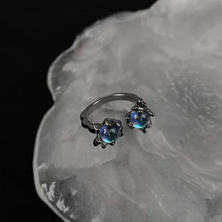 Irregular Liquid Moonstone Ring - Sky Fluorescent Blue, Alloy Silver Plated, Adjustable Open Band, Double Stone Vintage Statement Ring for Women