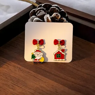 Christmas Earrings Red Bow Snowman Dangle Earrings Alloy Enamel Pearl Accent Holiday Party Jewelry Gift