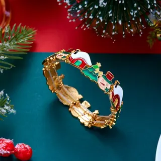 Christmas Enamel Bangle Bracelet, 18K Gold Plated Alloy, Santa Snowman Gift Snowflake Open Cuff, Holiday Party Jewelry Gift, Gold ~6cm