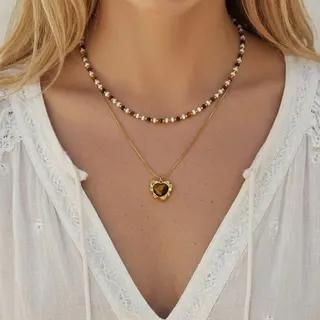 Stainless Steel Beaded Heart Tiger Eye Pendant Necklace Set of 2