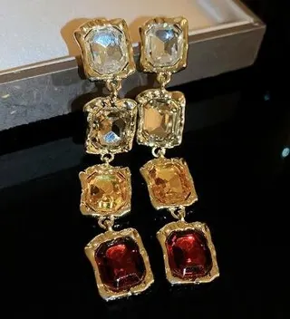 Vintage Luxury Square Crystal Drop Earrings, 18K Gold Plated Alloy, 8cm Gradient Color Gem Long Dangle Earrings for Women, French Retro Statement Jewelry