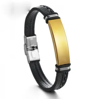 Titanium Steel Leather Bracelet for Men Women, Black Leather Cord Bangle with Mirror Polished Bar, Custom Laser Engraving, Minimalist Unisex Jewelry 20.5cm