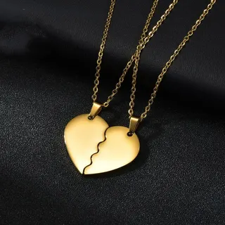 Couples Broken Heart Necklace Set - Stainless Steel Puzzle Heart Pendant, Custom Laser Engraving, Hypoallergenic 40+5cm Adjustable Chain, Valentine's Gift for Her & Him