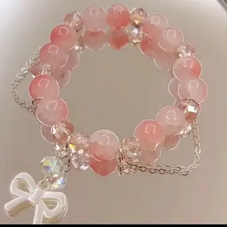 Peach Pink Beaded Bracelet with Bow Charm & Crystal Drops, Stretchy Glass Bead Bracelet for Women, Sweet Kawaii Jewelry Gift
