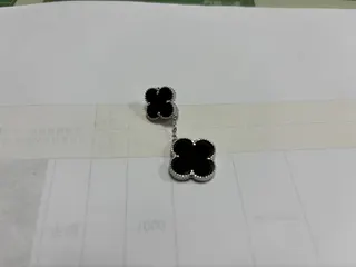 Clover Flower Dangle Earrings, Black & Silver Tone Copper with Beaded Edge, French Vintage Lucky Four-Leaf Ear Studs, Pair, 3cm