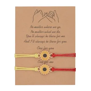 Daisy Sunflower Bracelet Set of 2, Adjustable Handwoven Braided Rope Bracelets with Alloy Flower Charm, Red & Yellow, Couple Best Friend Gift