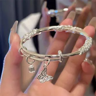 Butterfly Flower Bangle Bracelet - Rhinestone Pavé Open Cuff, Silver Plated Alloy, Hollow Butterfly Charm, Elegant Jewelry Gift for Women