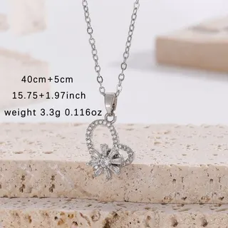 Silver Heart Snowflake Pendant Necklace for Women, Rhinestone Inlaid Copper Chain Necklace, Adjustable 45cm O-Link Clavicle Chain, Gift for Her
