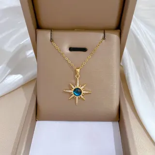Starburst Planet Zircon Necklace for Women, 18K Gold Plated Stainless Steel Pendant with Blue Star Stone & Micro Paved Cubic Zirconia, Adjustable 40+5cm Clavicle Chain