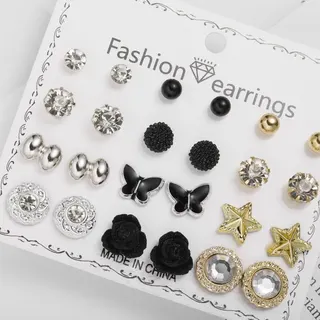 12 Pairs Earrings Set - Red White Black Bow Flower Rhinestone & Imitation Pearl Studs, Alloy Electroplated with Painted Edge, Card Pack, Wholesale