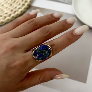Lapis Lazuli Chunky Ring, 18K Gold Plated Stainless Steel Open Adjustable Band, Blue Stone Pave Wide Signet Ring, 1.8cm Hypoallergenic Jewelry
