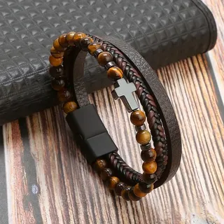 Red Tiger Stone Cross Multi-Layer Leather Bracelet, Woven Cord & Wide Leather Band, Matte Alloy Cross Charm, Magnetic Clasp, Unisex Vintage Street Style, Approx 21cm