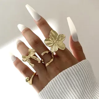 Vintage Flower & Bow Alloy Ring Set of 4, Gold Plated Statement Open-Back Stackable Finger Rings, Retro Wide Band Jewelry for Women