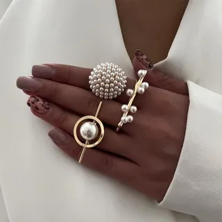 French Vintage Pearl Ring Set for Women - Geometric Circle, Branch & Pearl Cluster Stackable Rings, 18K Gold Plated Alloy, 3-Piece Minimalist Statement Jewelry
