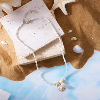 Blue Shell Starfish Conch Beaded Necklace, Ocean Style Resin & Alloy Charm Strand, 38+5cm Adjustable Choker for Women, Beach Vacation Jewelry