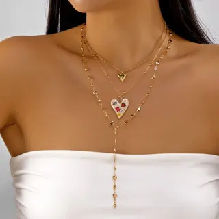 Vintage Colorful Enamel Heart Layered Necklace, 3-Chain Gold Tassel Pendant with Rhinestone, Boho Clavicle Chain for Women