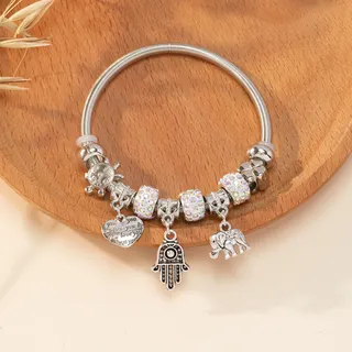 Hamsa Hand Charm Beaded Bracelet, Silver Plated Alloy with AB Crystal Rhinestones, Elephant & Heart Dangling Snake Chain Adjustable Bangle for Women, Boho Lucky Protection Jewelry