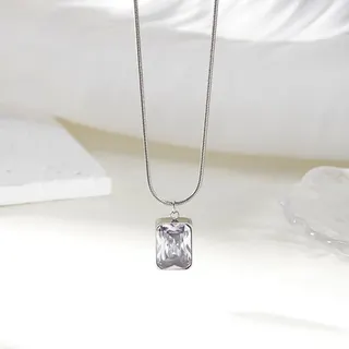 Pink Zircon Rectangle Pendant Necklace, 18K Gold Plated Stainless Steel Clavicle Chain, Adjustable 45+5cm, Hypoallergenic Jewelry for Women