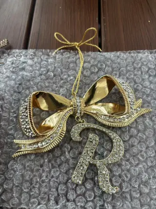 Custom Letter Bow Rhinestone Pendant Charm - 18K Gold Plated Alloy with Hand-Set Crystals, Luxury Bag Charm & Christmas Ornament, Personalized Gift