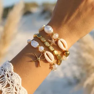 Ocean Starfish Shell Pearl Bracelet Set of 3, Gold 18K Plated Boho Beach Jewelry, 18cm Stackable Bracelets for Women