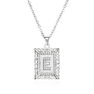 Letter K Square Stainless Steel Necklace, White Gold Tone, Hollow Filigree Pendant, 50+5cm Adjustable Chain, Hypoallergenic Tarnish-Free, Minimalist Luxury Pendant for Women