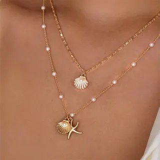 Ocean Shell & Starfish Pearl Necklace, Gold 18K Plated Alloy Layered Pendant Chain, Summer Beach Vacation Jewelry, 40+5cm