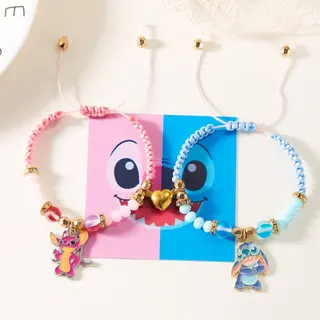 Stitch Heart Magnetic Beaded Couple Bracelet - 18K Gold Plated Alloy Enamel Charm, Blue & Pink Macaron Beads, Adjustable 16-28cm, 2 Pcs Set for Couples & Best Friends