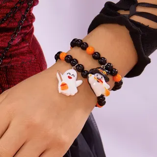 Halloween Beaded Bracelet Set 2pcs - Pumpkin Black Cat & Ghost Hat Resin Charm, Black Orange Beads 18cm, Cute Festival Party Gift for Women