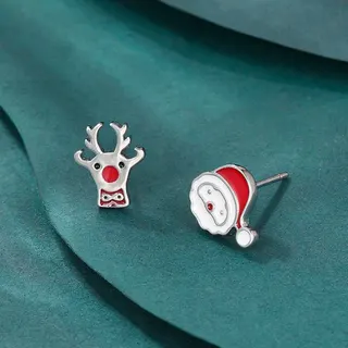 Christmas Reindeer & Santa Claus Stud Earrings, Cute Asymmetric Cartoon Enamel Earrings, Alloy with Silver Post, Holiday Gift for Women Girls
