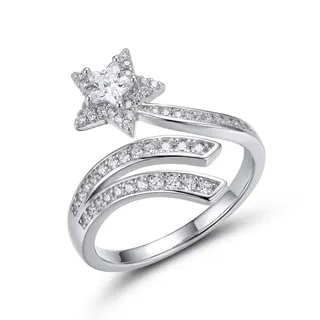 Star Shape Open Ring for Women, White Gold Plated Copper with Zirconia, Princess Cut Center Stone, Adjustable Bangle Ring, Minimalist Luxury Jewelry Gift